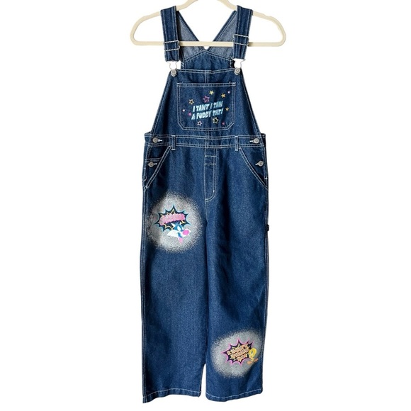 Vintage Y2K Kids Size 12 Looney Tunes Tweety Bird Blue Glitter Denim Overalls - Picture 1 of 10